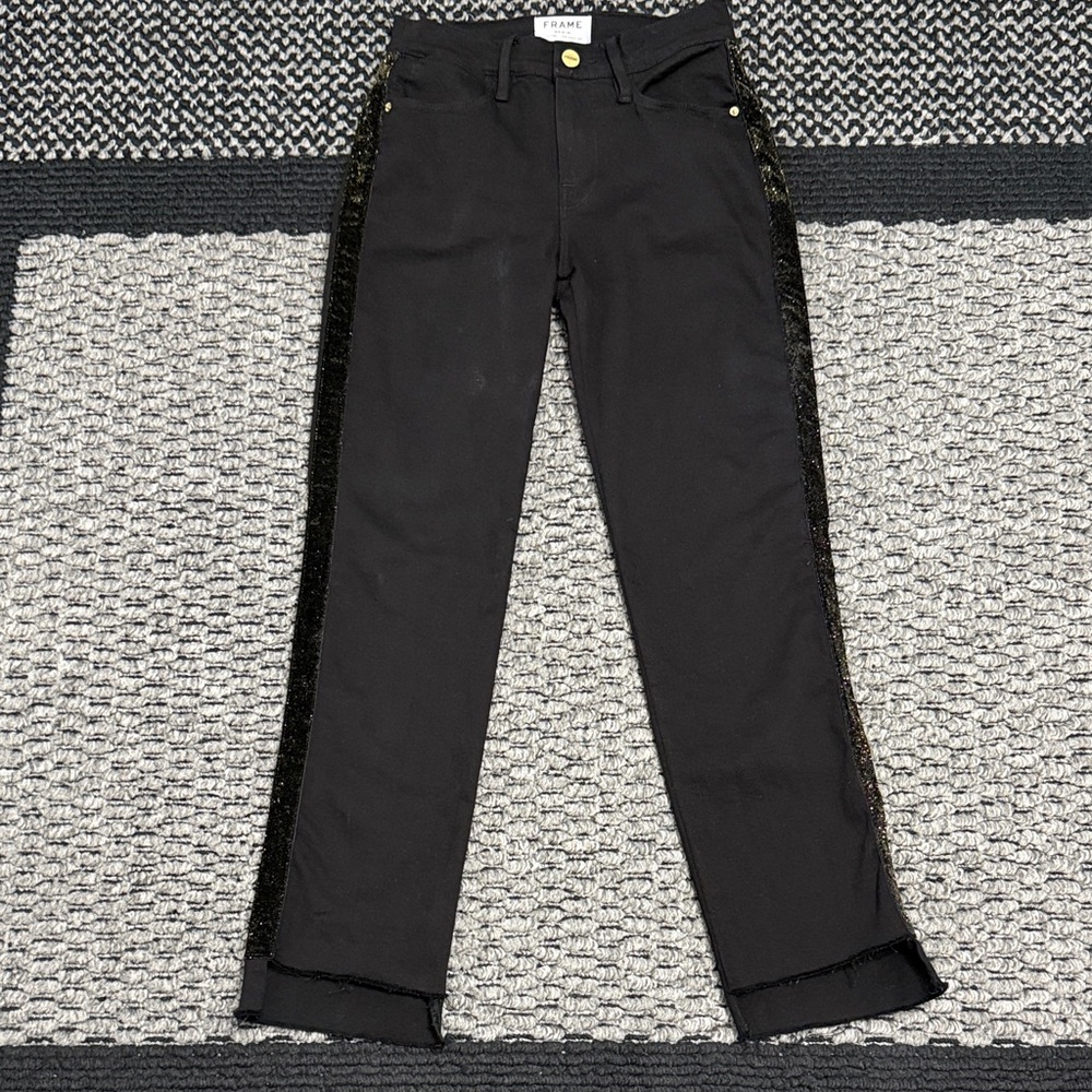 FRAME Le High Straight Jeans Women’s 24 Black Gold Suede Side Stripe Raw Hem